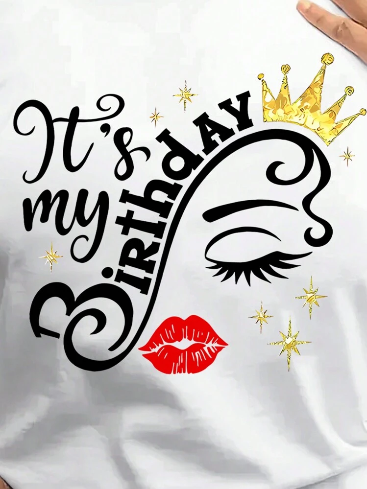 Maweii Plus Size Casual Birthday Slogan Print Short Sleeve T-Shirt Graphic Tees Women Tops - White - View 3
