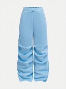 SHEIN Girlism Tween Girls Casual Knit Hooded Short Sweatshirt & Loose Pants Set - Baby Blue - View 5