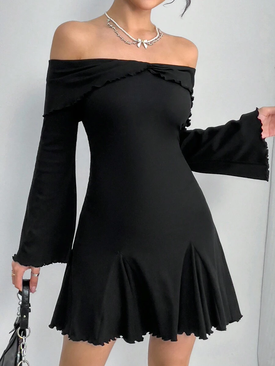 SHEIN 少女黑色露肩甜美喇叭袖针织喇叭连衣裙 - 黑色 - 查看 1