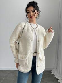 Chiquease Women White Contrast Trim Teddy Fluffy Jacket - Elegant Comfortable Wind-Resistant Warm Outerwear, Round Collar Regular Fit - Apricot - View 4