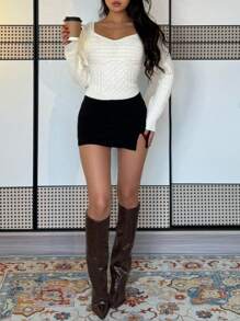 Calvaya Women's Casual Solid Color Sweetheart Collar Slim Fit Sweater, Autumn/Winter