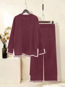 Plus Size Vrouwen Contrasterende Kleur Gebreide Ronde Hals Split Trim Colorblock Lange Mouw Top En Rechte Pijp Broek Casual Sets, Bordeauxrood Sweaterpak Voor Herfst/Winter