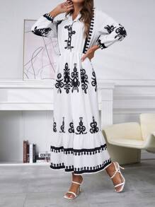 INAWLY 1pc Women Full-Print Minimalist Casual Mini Dress, Long Sleeve