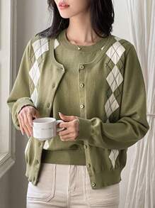 DAZY Women Cardigan Sweater Set, Short Sleeve,Fall Clothes - Olive Green - View 5