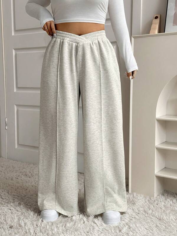 SHEIN EZwear Plus Size Grey V-Waistband Wide Leg Casual Sweatpants, Autumn/Winter Graduation,Back To School Outfits,Graduation,Teacher Outfits For Women,Back To School