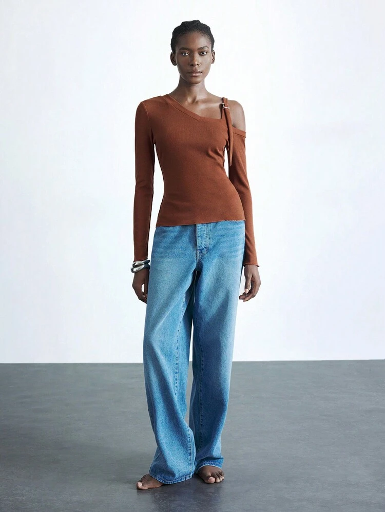 SHEIN Maija Women's Brown Casual Solid Color Oblique Shoulder Metal Button Slim Fit Long Sleeve T-Shirt, Autumn/Winter