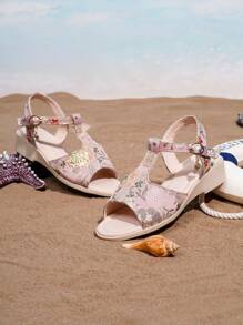 Cute Casual & Fashion Embroidered Breathable Lightweight Rope Platform Round Toe Flat Sandals For Girls