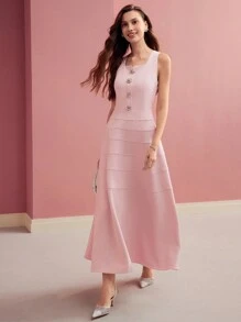 MOTF PREMIUM RHINESTONE FLORAL BUTTON SLEEVELESS DRES,VALENTINE'S DAY OUTFIT, FULL DRESS, FIT AND FLARE - Pink - View 5