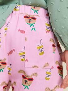 SHEIN Young Girl's Elastic Waist All-Over Print Casual Pants, Suitable For Daily Wear - Pink - View 8