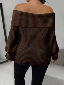 Celure Plus Size Women's Solid Color Off-Shoulder Long Sleeve Casual Sweater - Coffee Brown - View 2