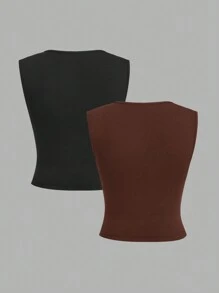 SHEIN EZwear Two-Piece Set Knit Tight-Fitting Basic Tank Top - Brown - View 2