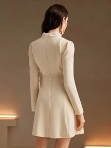 Anewsta Vestido corto de línea A de manga larga para mujeres con cuello Peter Pan, diseño de perlas en pompa, bordado y patchwork de encaje de alta gama para otoño/invierno