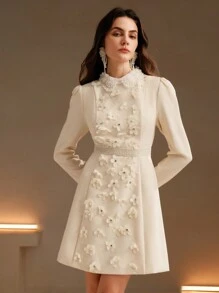 Anewsta Vestido corto de línea A de manga larga para mujeres con cuello Peter Pan, diseño de perlas en pompa, bordado y patchwork de encaje de alta gama para otoño/invierno