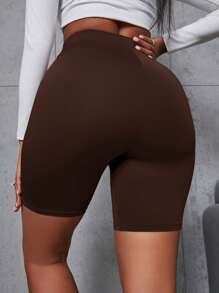 SHEIN Unity Wideband Waist Solid Cycling Shorts - Coffee Brown - View 2