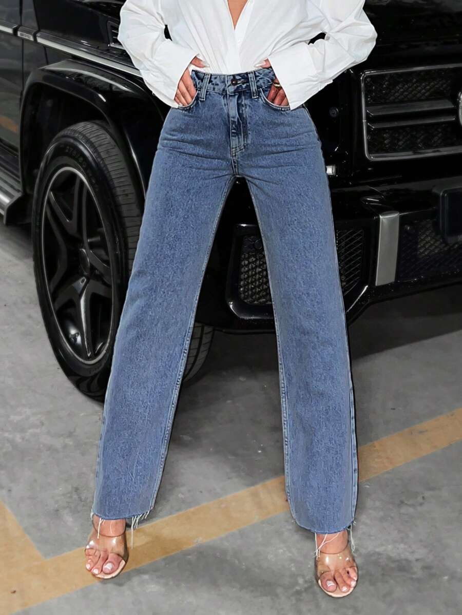 EURMUSE 100%Cotton Straight Leg Water Washing Jeans - Medium Wash - View 1