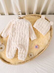 SHEIN 2 stuks/set pasgeboren beige pluche textuur 3D konijn patroon lange mouwen voet jumpsuit en hoed nachtkleding set