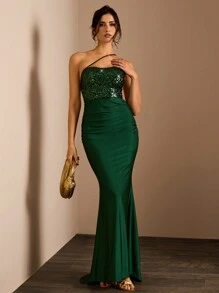 Glamine Zielona Jednoramienna Asymetryczna Cekinowa Spódnica Z Wysokim Stanem Odkryte Plecy Wiązane Z Tyłu Skurcz Po Boku Wąska Dzianinowa Spódnica Maxi na Cztery Pory Roku, Krótka Z Przodu I Długa Z Tyłu Eleganckie Sukienki Studniówkowe, Glam Długie Sukienki Damskie, Sukienki Na Randkę - Ciemnozielony - Zobacz 5