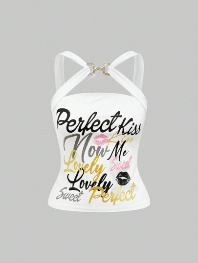 Retro Gold Foil Letter Metal Button Front Tank Top