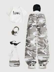 Tween Girl Y2K Street Casual Distressed Camouflage Print Denim Jeans