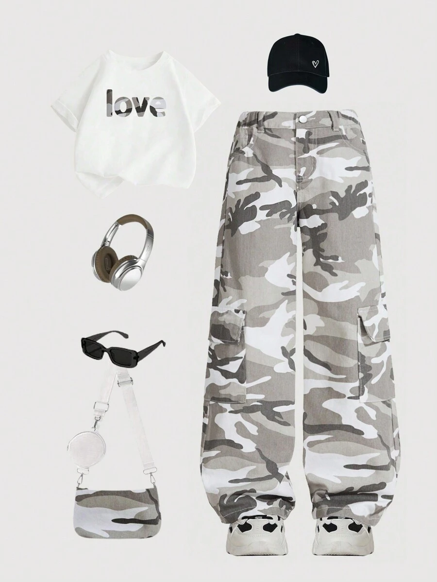 Tween Girl Y2K Street Casual Distressed Camouflage Print Denim Jeans