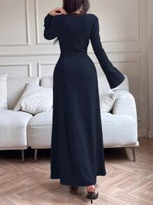 Feyla Women's Solid Color Tie Front Long Sleeve Casual Long Dress - Navy Blue - View 3