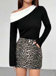 Flirla 1pc Women Multi-Color Shoulder Cutout, Color Block, Sexy, Versatile Sweater Suitable For Party, Photo Taking, Commuting Knit Pullover Fall Winter - Multicolor - View 6