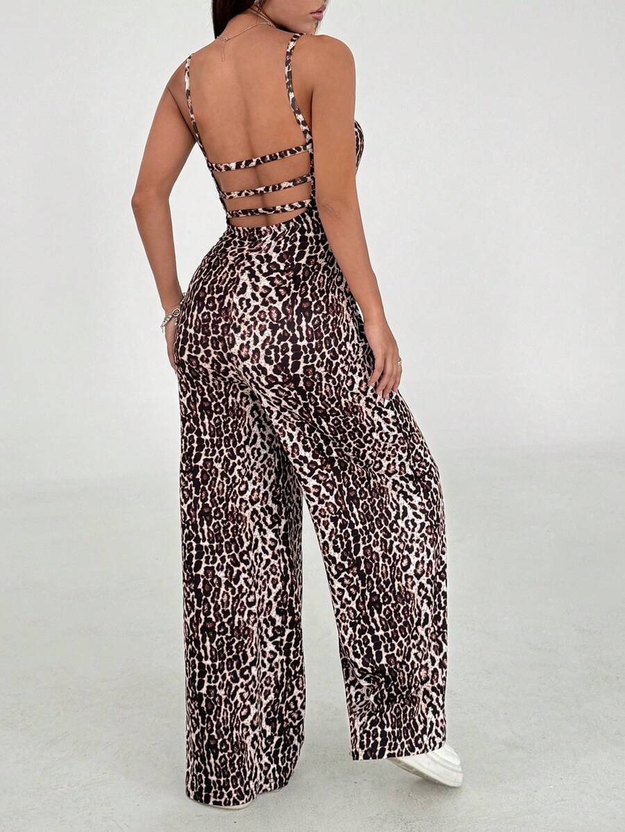 SHEIN Unity 无袖直筒豹纹露背连体裤，宽松版型 - 彩色 - 查看 1