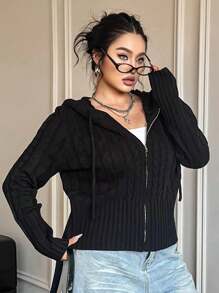 Flirla 大码纯色前拉链长袖连帽衫上衣，休闲日常穿着，适合冬季 - 黑色 - 查看 7
