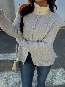 Chiquease Plain Round Neck Cable Knit Cardigan For Women