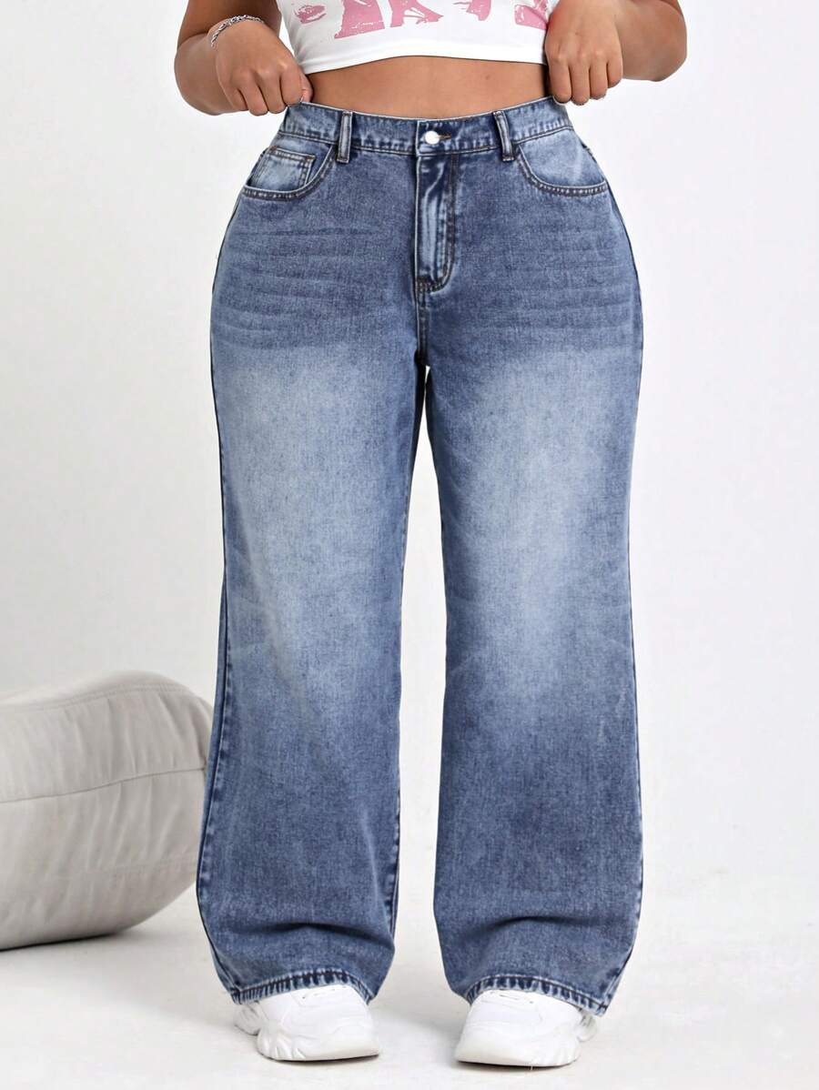 SHEIN CURVE+ Plus Size Casual Denim Jeans, Minimalist And Fashionable For Daily Wear