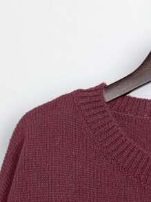 Plus Size Vrouwen Contrasterende Kleur Gebreide Ronde Hals Split Trim Colorblock Lange Mouw Top En Rechte Pijp Broek Casual Sets, Bordeauxrood Sweaterpak Voor Herfst/Winter
