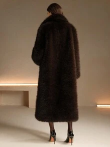 Anewsta New Autumn/Winter Fashion Faux Fox Fur Trim Long Coat, Elegant Lady Fur Collar & Cuff Fluffy Overcoat - Coffee Brown - View 2