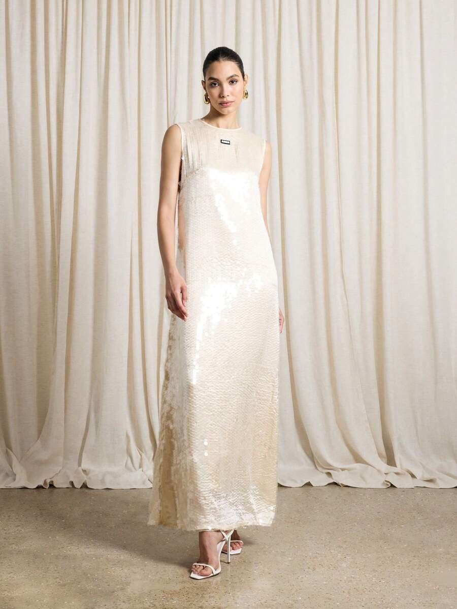 AiiRZ 无袖亮片晚礼服及地长裙闪耀特殊场合礼服节日派对舞会礼服婚礼宾客全长魅力礼服 - 黃色 - 查看 1