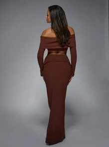 MISSGUIDED Brush Rib Flap Detail Off Shoulder Long Sleeves Top And Bodycon Maxi Skirt Two Piece Co-Ord Set - Coffee Brown - View 2