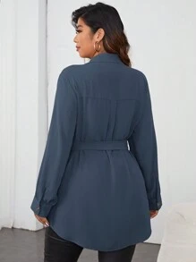 Firerie Plus Size Plain Button-Front Long Sleeve Tie Waist Casual Shirt Spring To Summer - Dusty Blue - View 2