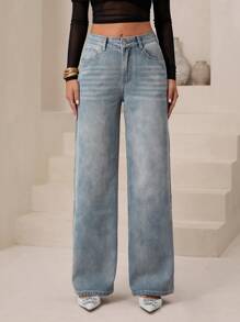 SHEIN Essnce Women's Pocket Design Casual Wide Leg Jeans