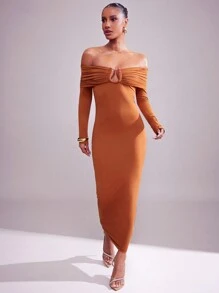 Hauture Solid Brushed Jersey Off Shoulder Fold Over Midi Dress - Brown - View 3