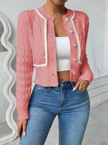 Chiquease Twist Knot Metallic Thread Woven Cropped Cardigan Fall Cloth For Women - Pink - View 3