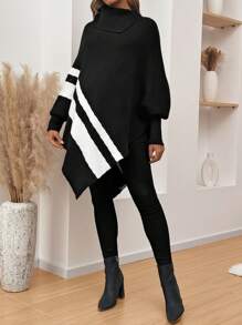 SHEIN Maternity Color Block Striped Turtleneck Batwing Sleeve Loose Knitted Sweater, For Autumn & Winter