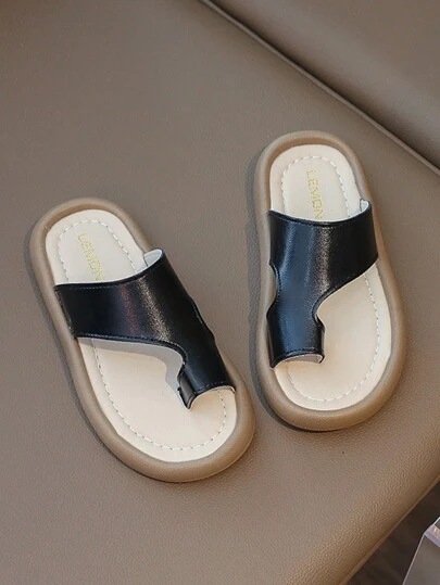 1 双儿童时尚拖鞋，女孩黑色舒适简约休闲沙滩鞋