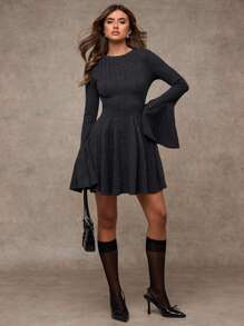 SHEIN BAE 秋季长袖连衣裙保暖连衣裙秋季内衣喇叭袖伞裙办公室装工作服老款风女装连衣裙 - 灰色 - 查看 7