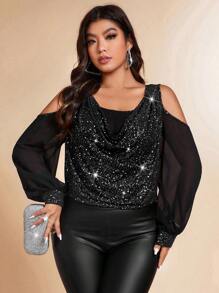 Cravure 加大码金属箔印花针织衬衫，雪纺拼接垂坠领口，二合一设计，优雅派对上衣 - 黑色 - 查看 3