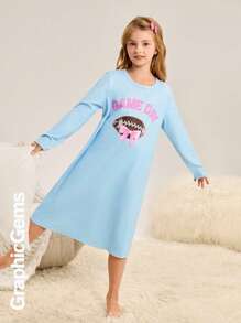 Tween Girl Round Neck Long Sleeve Letter Print Casual Loungewear - Baby Blue - View 6