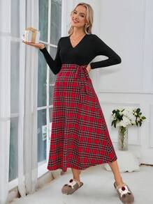 SHEIN Maternity Solid Color Splice V-Neck Simple Casual Dress, Long Sleeve - Multicolor - View 1