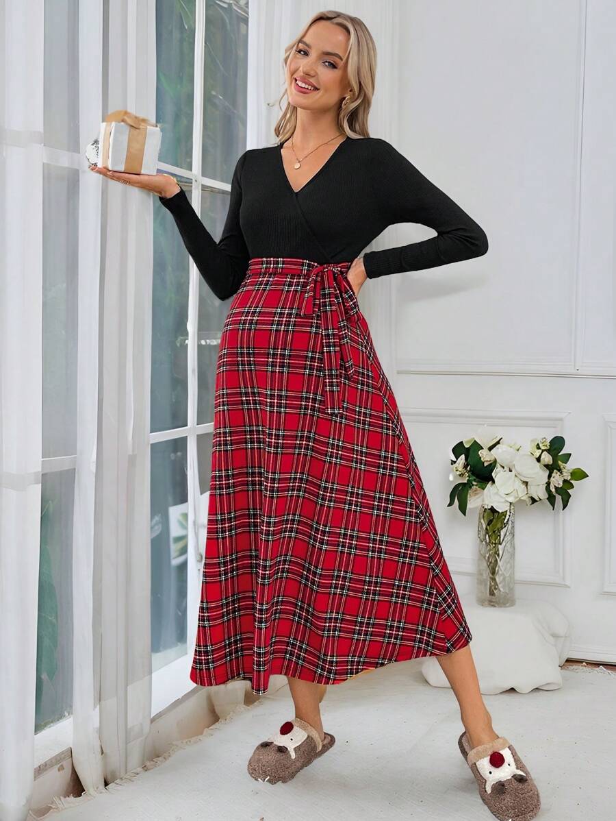 SHEIN Maternity Solid Color Splice V-Neck Simple Casual Dress, Long Sleeve - Multicolor - View 1