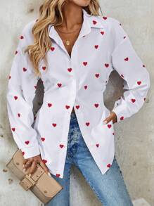 Chiquease 女士优雅法式心形印花长袖衬衫，情人节 - 白色 - 查看 3