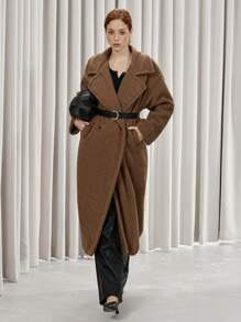 SHEIN Privé Casual Lapel Leather Belt Waisted Warm Fluffy Long Sleeve Loose Oversize Women Long Coat For Commuting  - Khaki - View 6