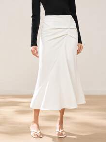 EastFlair Women Solid Color Simple Stylish Casual Mermaid Hem Midi Skirt, Everyday Wear