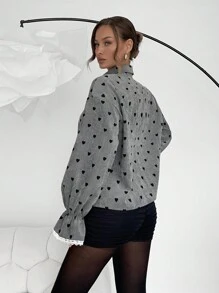 SHEIN Essnce Women's Button Front Long Sleeve Casual Shirt With Heart Detail, Minimalist Design - Dark Grey - View 4
