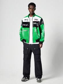 Our Street Life Men's Racing Autumn Letter Print PU Leather Long